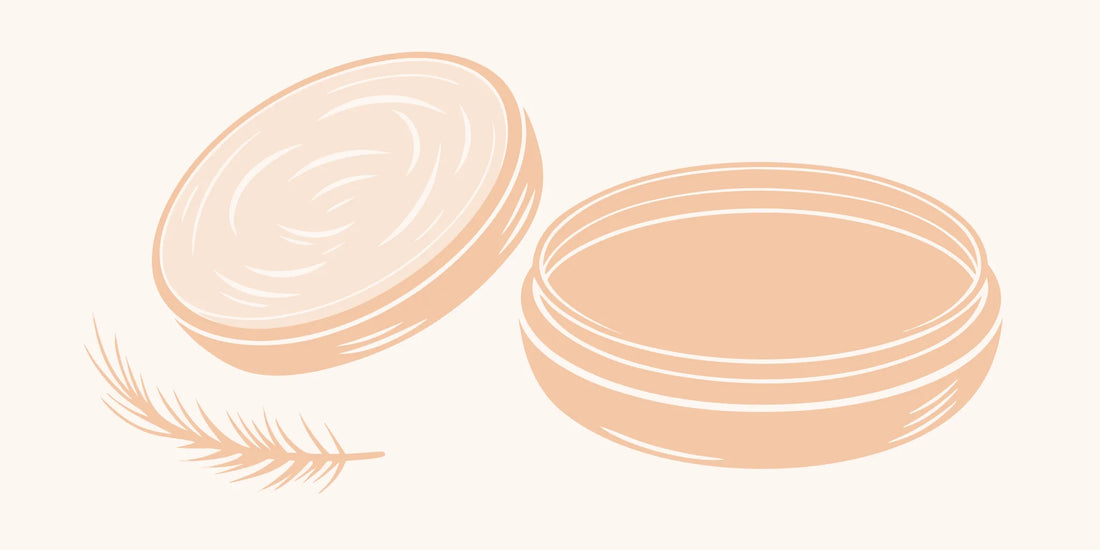 An open tin of masculine scented beard balm with its lid and a feather.