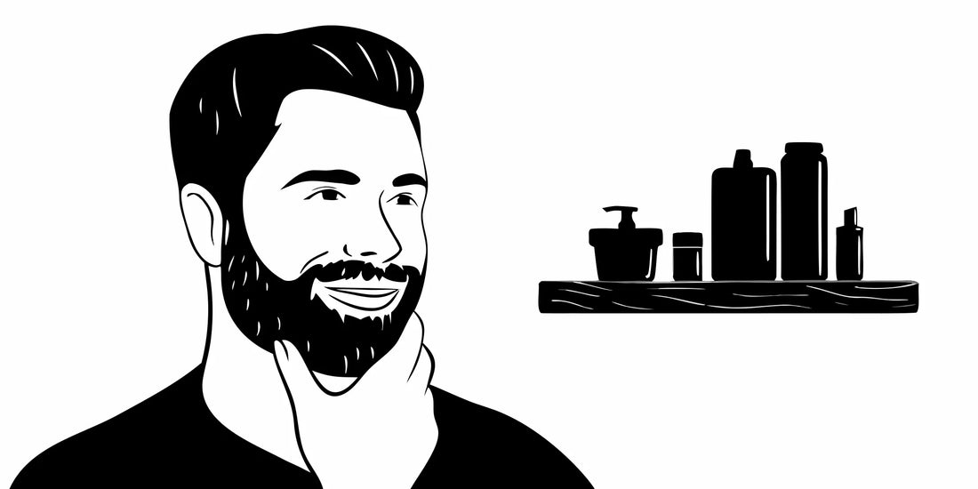 Man with a collection of essential beard care products for a healthy beard.