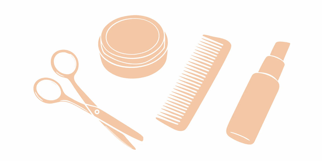 Grooming kit with the best heavy hold beard balm, comb, scissors, and styling spray.