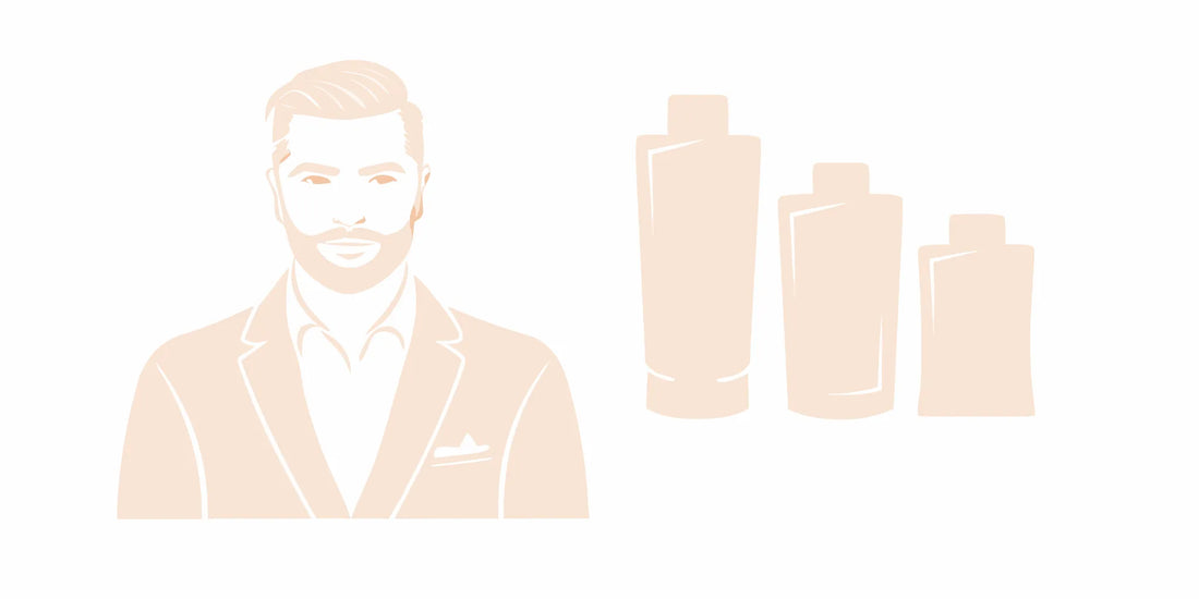 A man with a clean, non-greasy beard next to a selection of beard conditioner products.