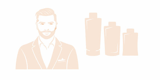 A man with a clean, non-greasy beard next to a selection of beard conditioner products.