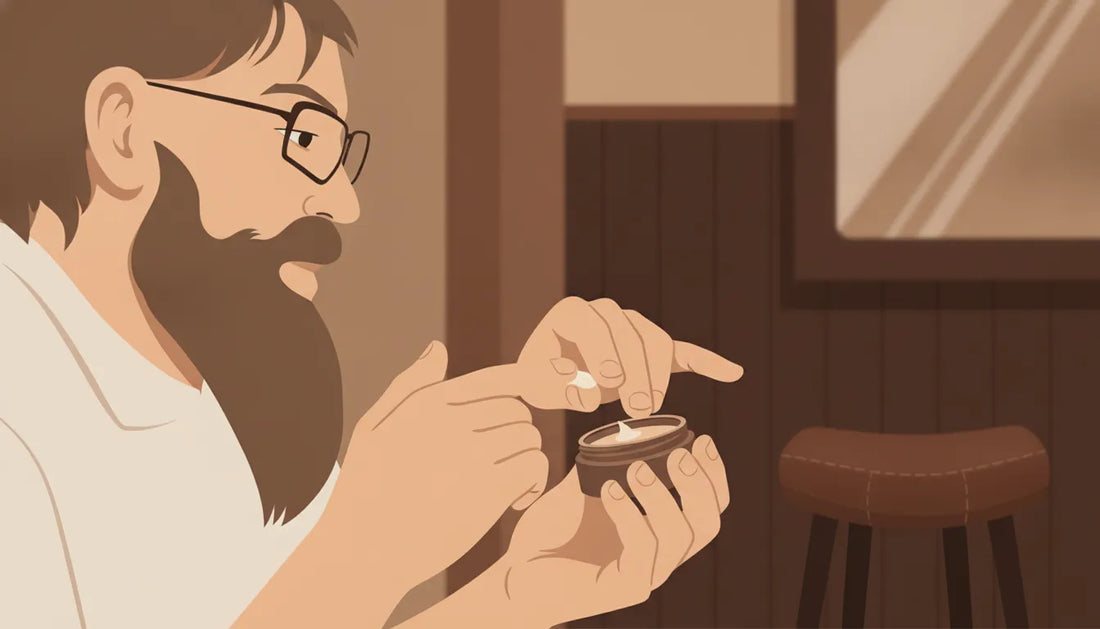 Man working beard balm through the skin beneath his beard