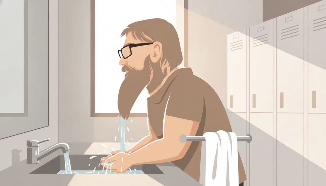 Bearded man rinsing his beard after a workout
