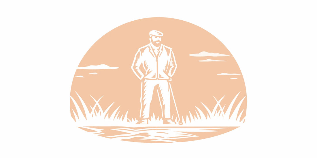 Active man with well-groomed beard standing on a golf course at sunrise