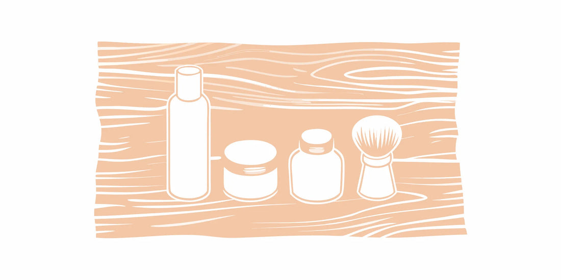 Premium American-made beard care products including beard oil bottles, balm tins, and grooming brush on a wooden surface