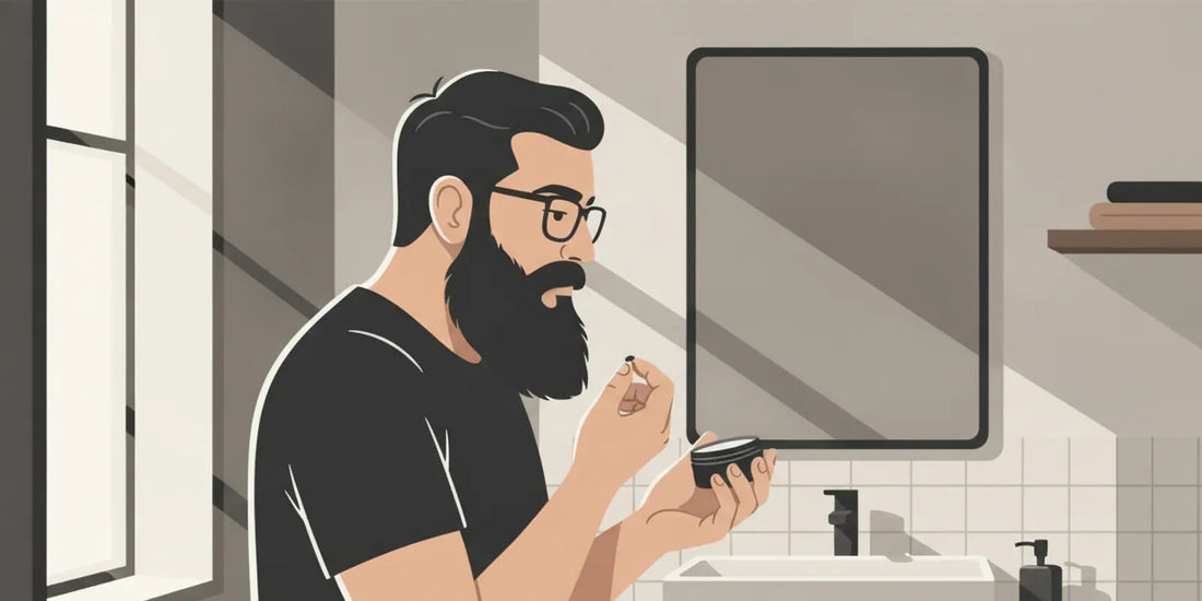 Man applying beard balm to a neatly shaped beard in a simple bathroom routine