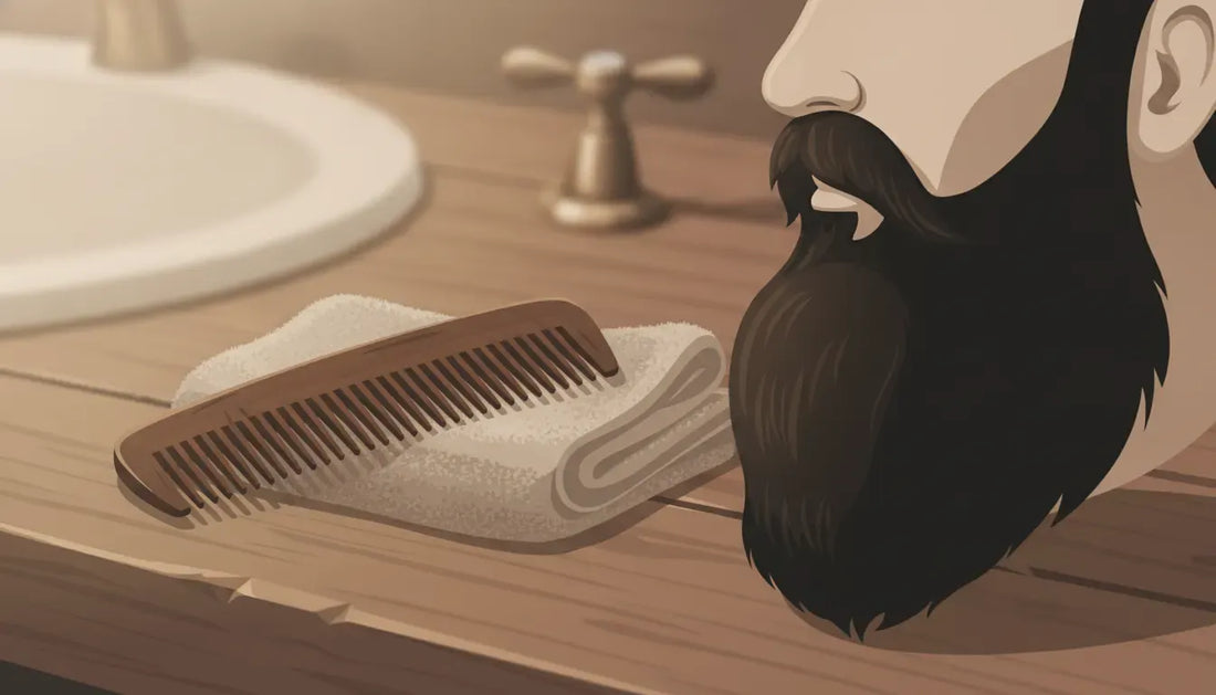 Wooden beard comb beside a full beard on a grooming counter