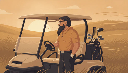 Bearded golfer preparing for a round with a compact grooming kit