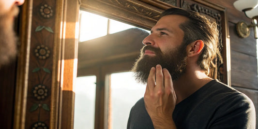 Man checking his beard in the mirror, part of a daily beard oil routine.