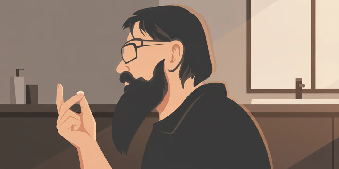 A man working a small amount of beard balm through his beard in a clean, natural bathroom setting