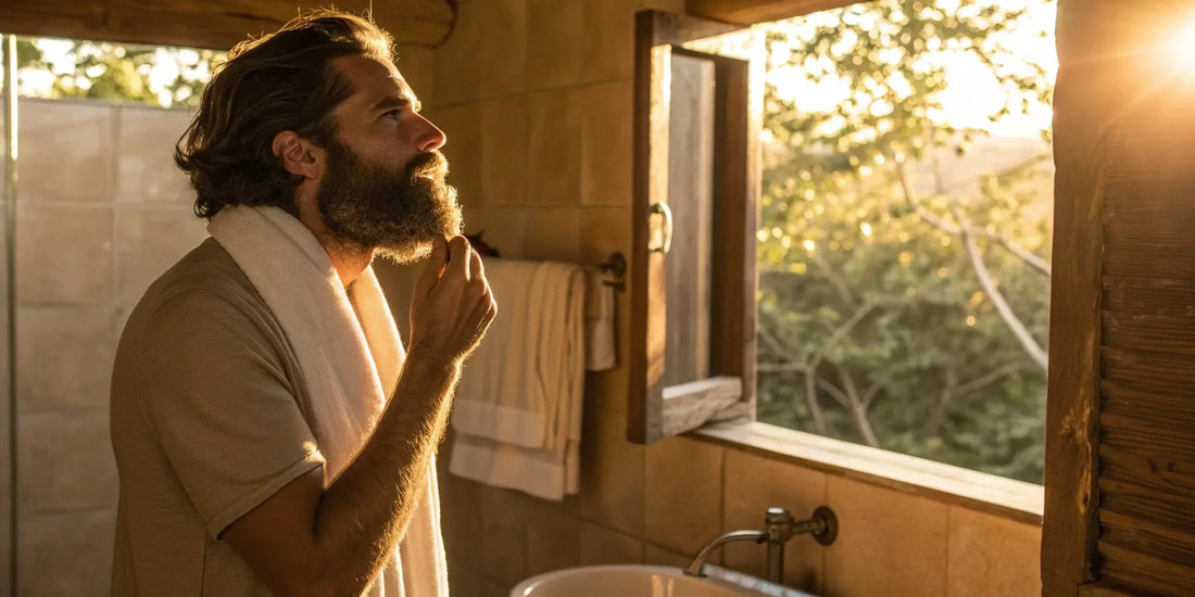 Man with a healthy beard and skin enjoying the benefits of beef tallow moisturizer in his bathroom.