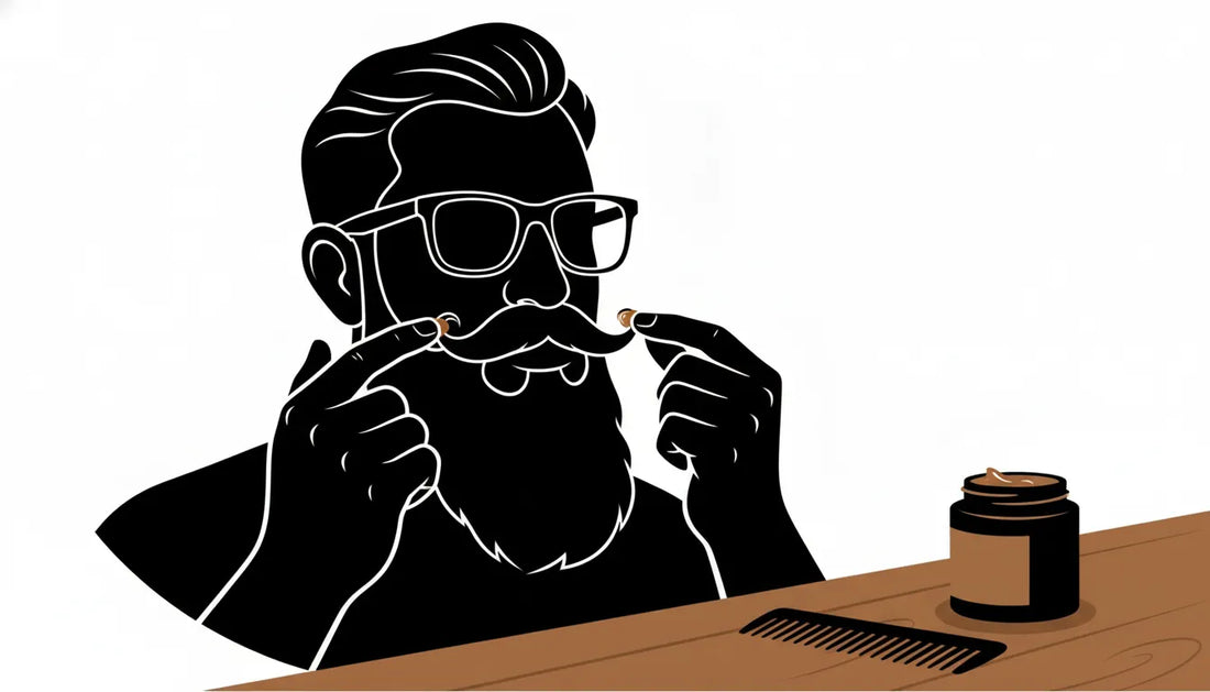 Man applying mustache styling product in a warm bathroom