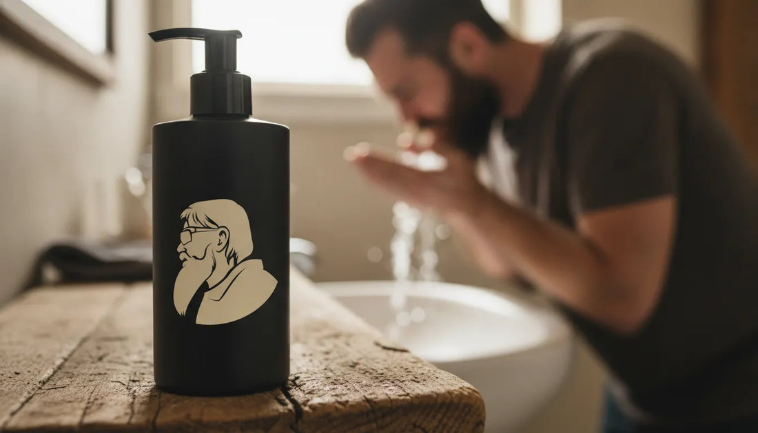 DALYSMOOTH beef tallow beard and face wash on a rustic bathroom shelf with a man washing his face