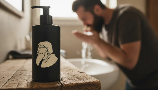 DALYSMOOTH beef tallow beard and face wash on a rustic bathroom shelf with a man washing his face