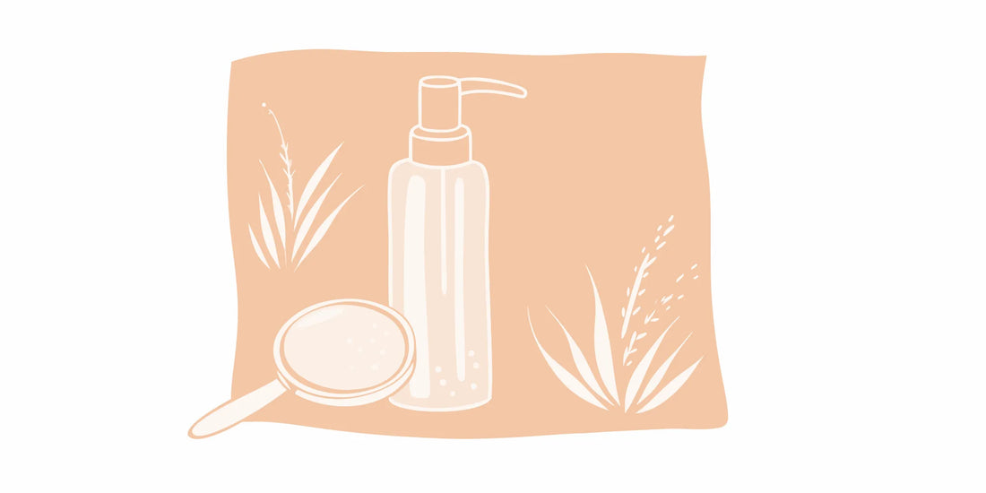 Hypoallergenic beard wash bottle being inspected with a magnifying glass for natural ingredients.
