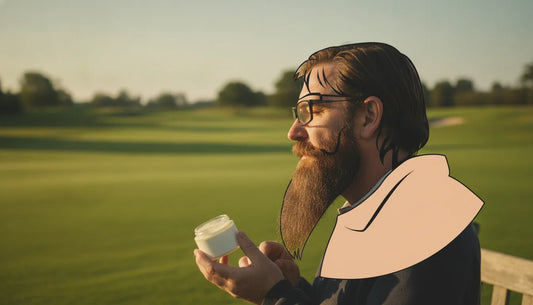 Golfer preparing his First Tee beard balm before an early round
