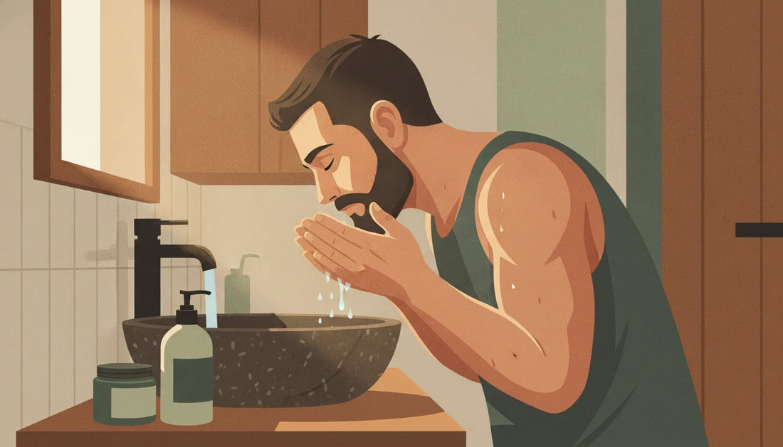 Man washing his face and beard in a warm, understated bathroom