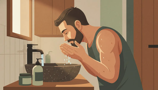 Man washing his face and beard in a warm, understated bathroom