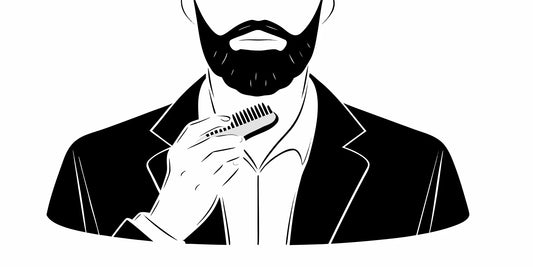 Man combing his beard with tallow balm to stop beardruff and flakes.