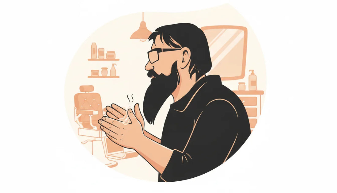 Man melting beard balm between his palms to apply for softness and control