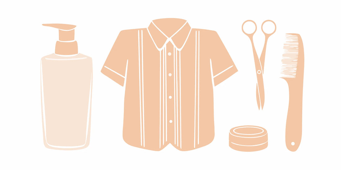 A complete beard grooming routine set with balm, oil, a comb, and scissors.