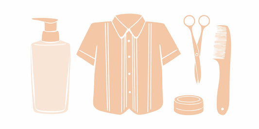 A complete beard grooming routine set with balm, oil, a comb, and scissors.