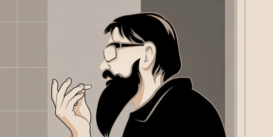Man warming a small amount of balm between his fingers beside a neat beard grooming setup