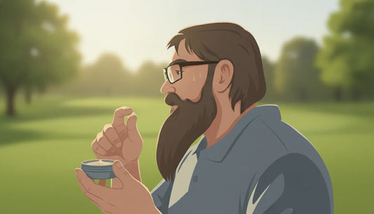 Bearded man applying balm after drying his beard