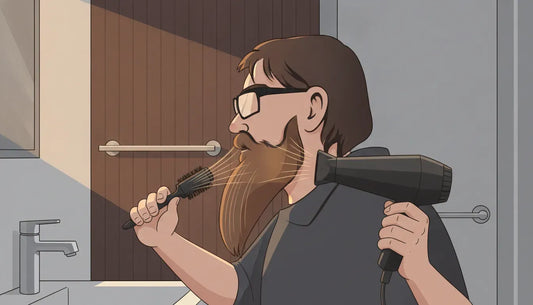 Man using a round brush and blow dryer to straighten beard hair