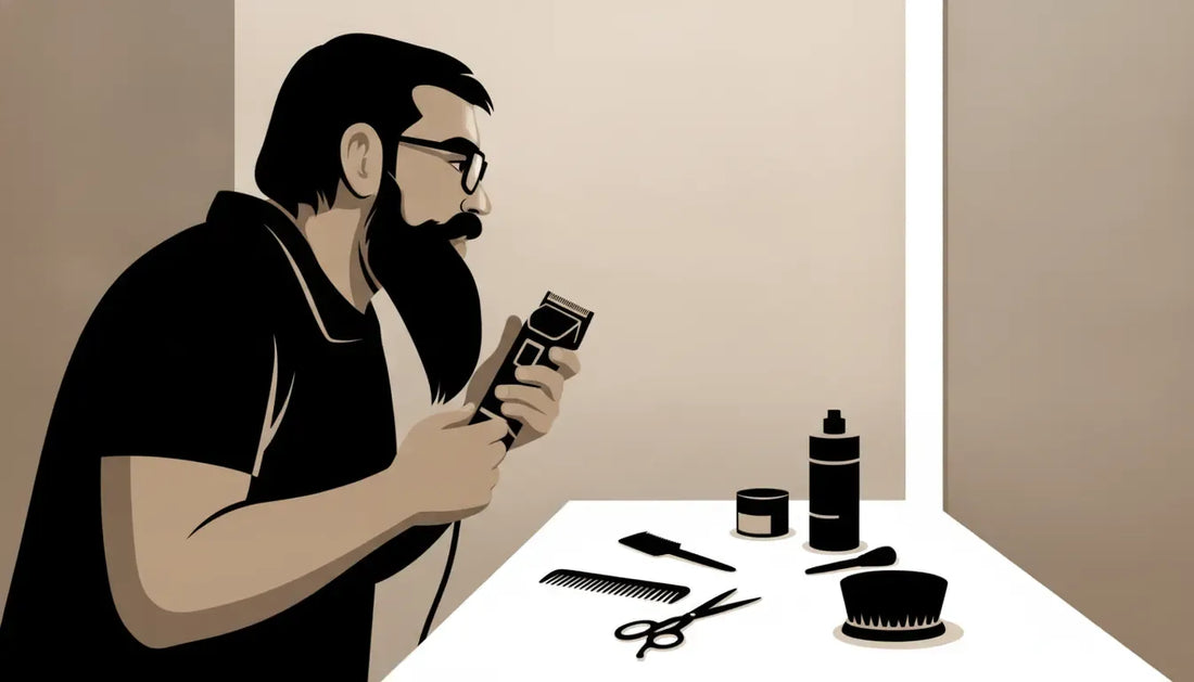 Man carefully learning how to trim a beard with a guarded beard trimmer