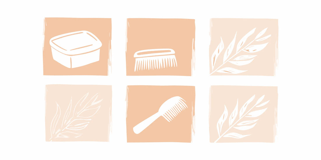 How to use scented beard balm, shown with a container of balm and combs.
