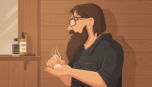 A man warming a small scoop of tallow beard balm between his palms before applying it to his full, groomed beard