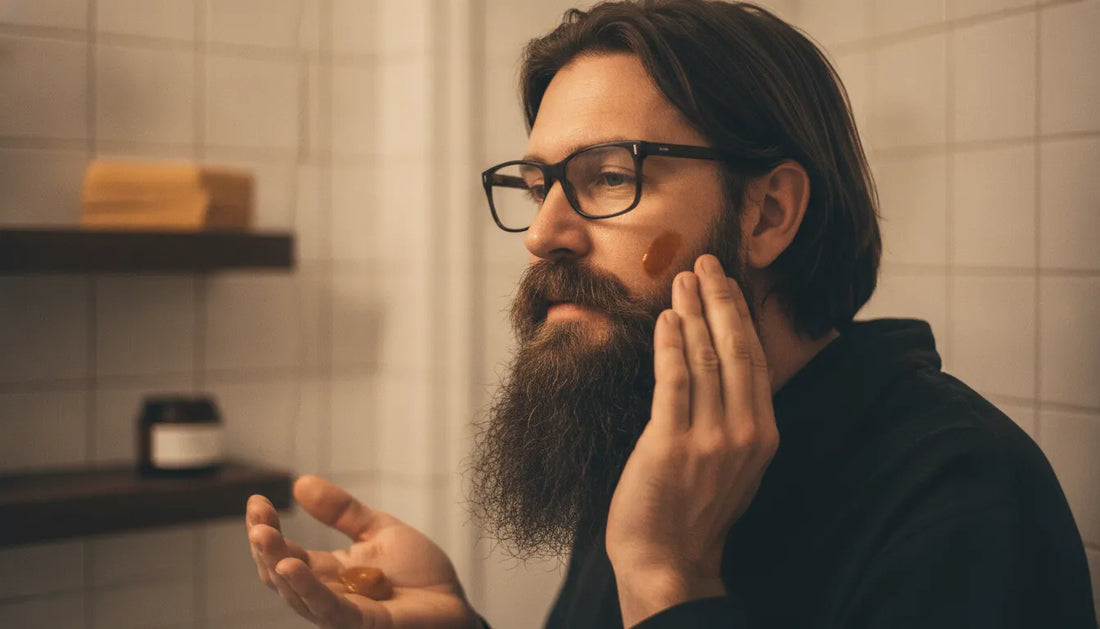 Man applying tallow balm to his face and beard