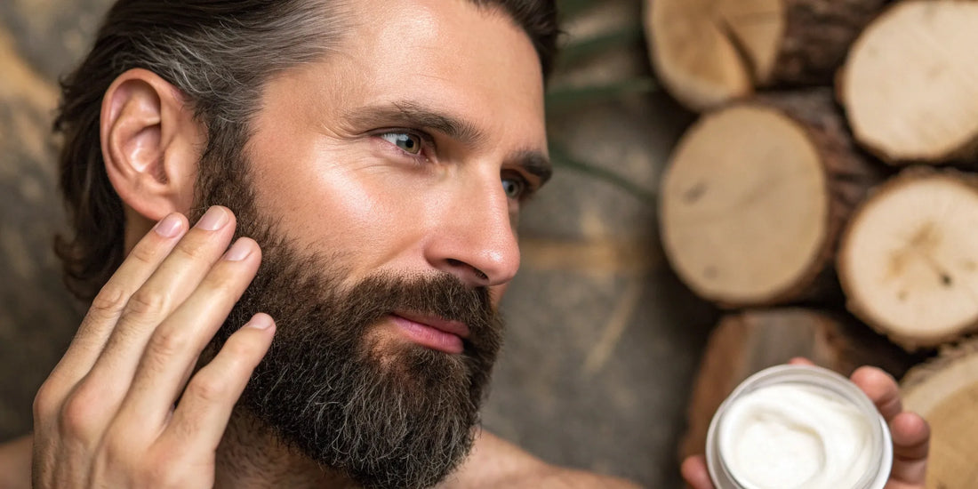 Man applying beef tallow to his face to moisturize and soothe his skin.