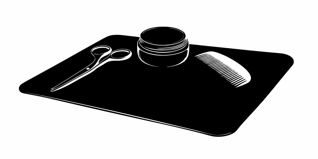 John Daly beard balm jar with a comb and scissors, part of a product review.