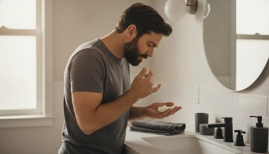 Man applying balm during a men's skincare routine for dry skin