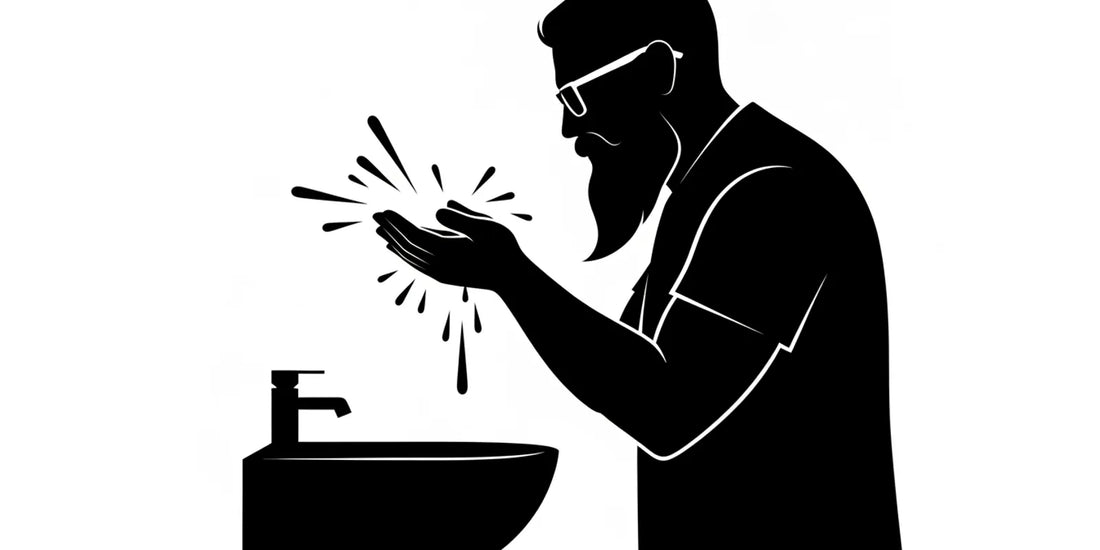 Man washing his beard at a sink as part of a simple grooming routine