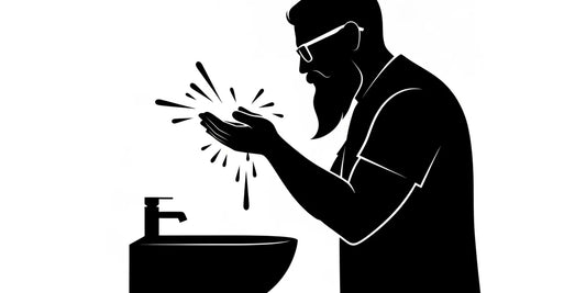 Man washing his beard at a sink as part of a simple grooming routine