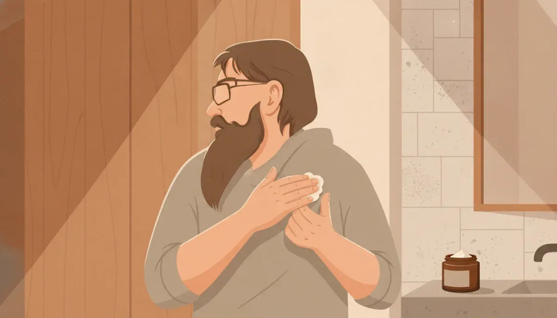 Man applying natural beard balm during a simple everyday grooming routine