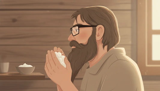 Man with a thick wiry beard working natural beard wash into his facial hair in warm morning light