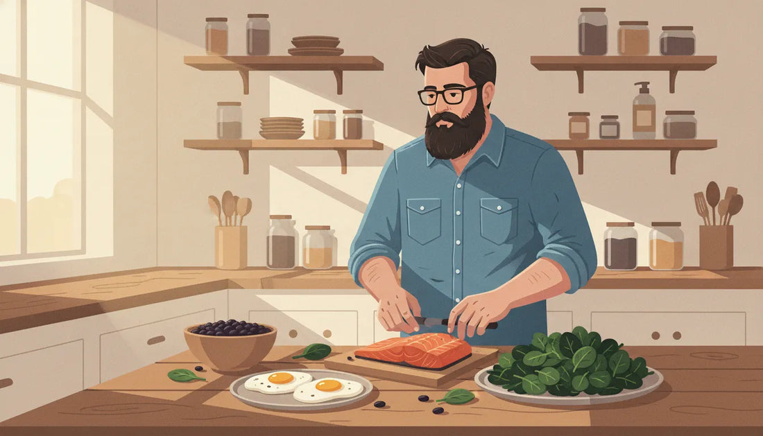 Bearded man preparing a balanced protein-rich meal