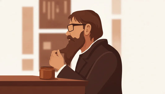 Bearded man applying sandalwood bourbon beard balm during an evening grooming routine