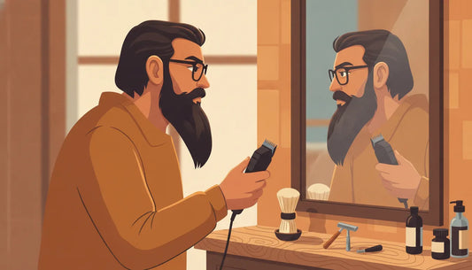 Man shaping and conditioning his beard with warm amber grooming tones