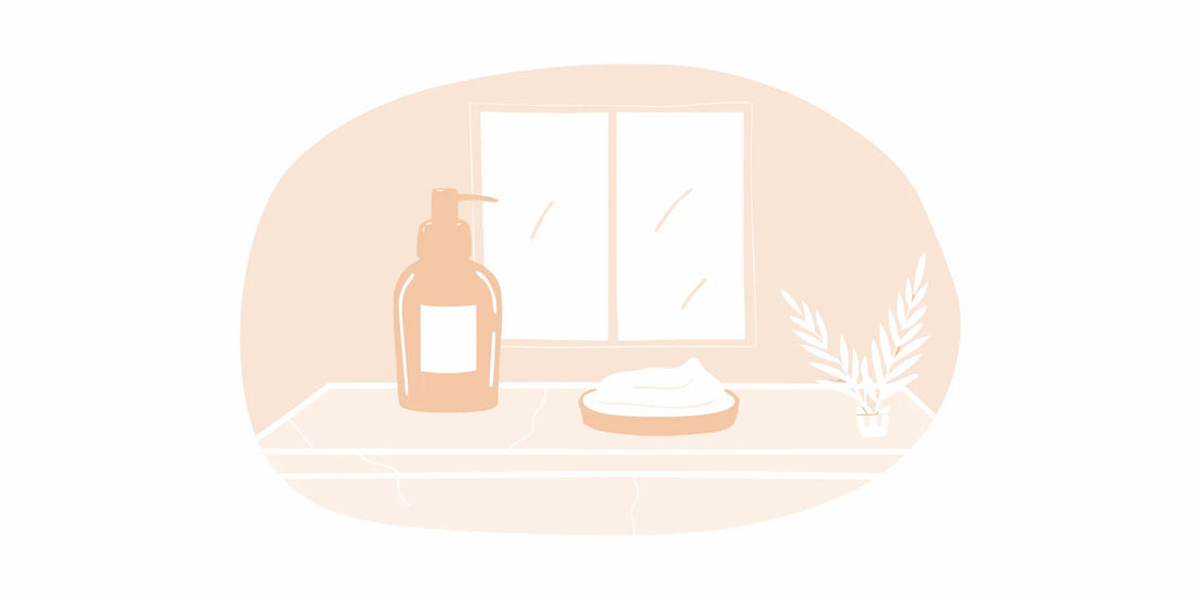 Bottle and bar of tallow based beard and face wash on a bathroom counter.