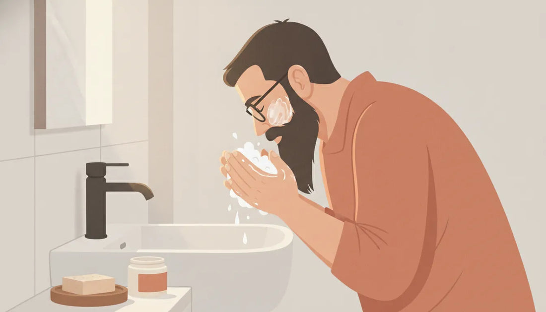Man washing his face with a premium beef tallow face cleanser