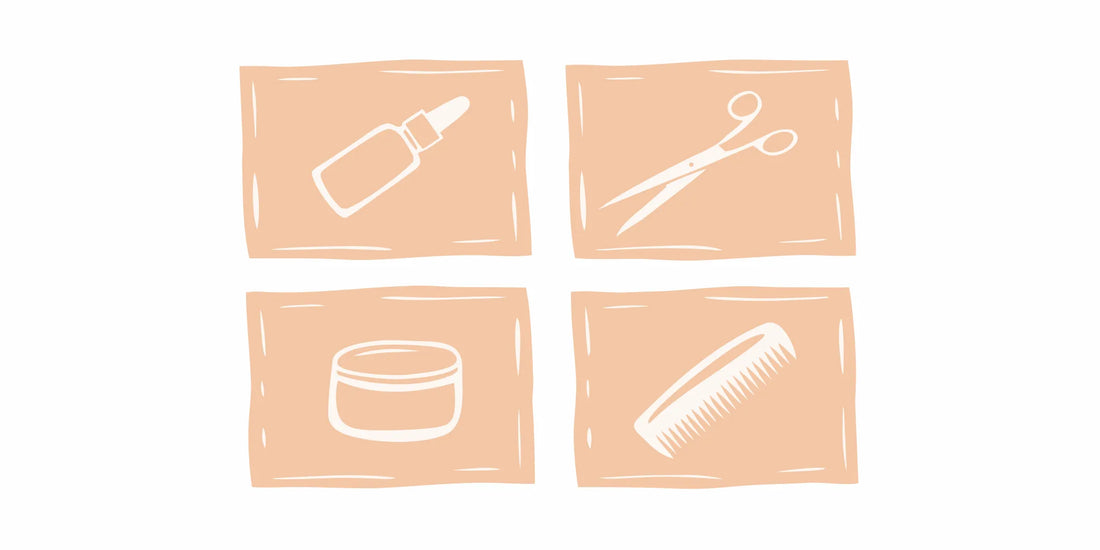 Natural beard care set for men with beard oil, scissors, balm, and comb.