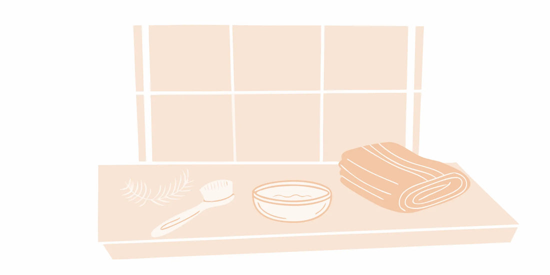 The best beard balm for dry flaky skin sits on a counter with a brush, bowl, and towel.