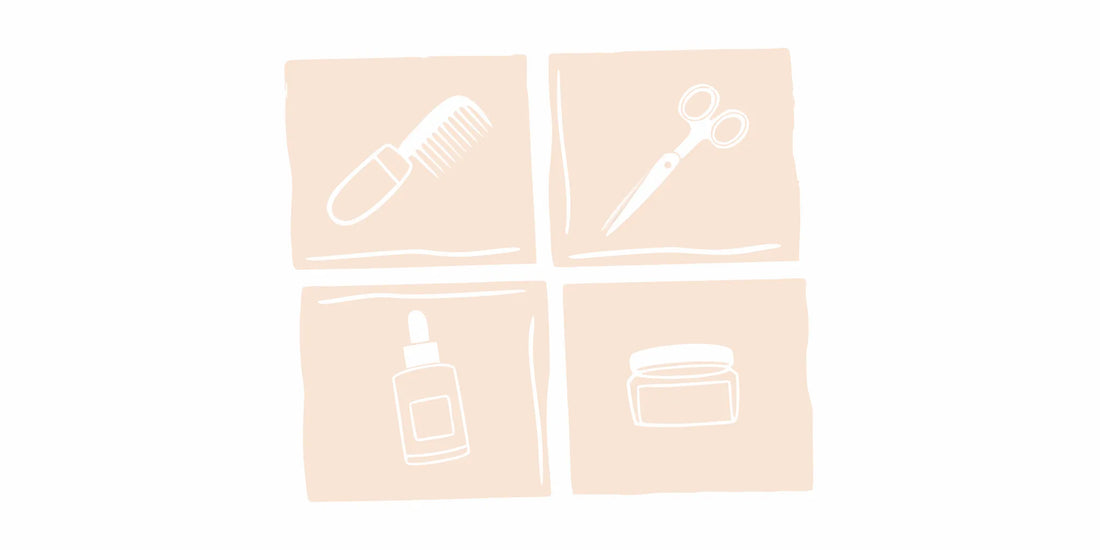 A beard grooming subscription box with beard oil, balm, a comb, and scissors.