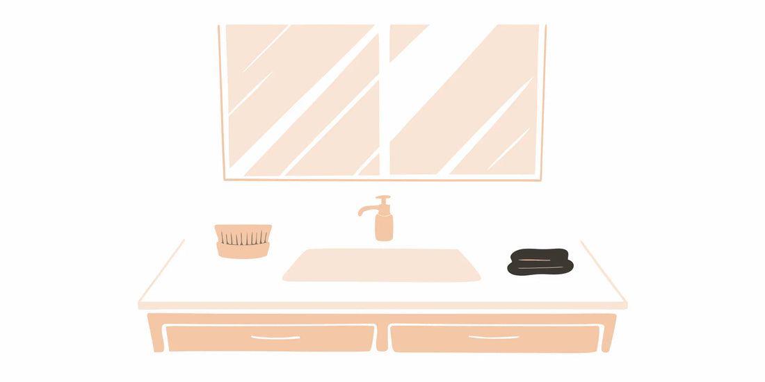 Beard care essentials on a bathroom sink for a daily routine to promote growth.