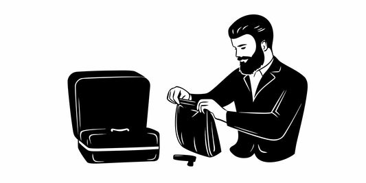 Bearded traveler packing compact grooming essentials into a travel pouch before a flight